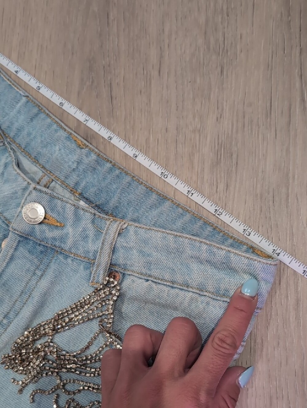 H&M Denim Shorts Blue Fringe Rhinestone High Rise - Picture 8 of 15